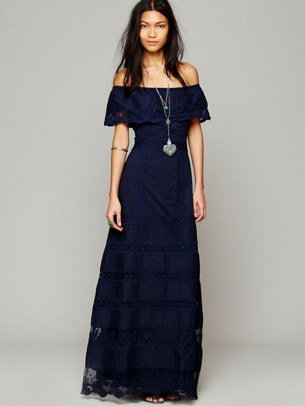 Candela NYC x Free People "Looks Like An Angel" Navy Lace OffShoulder maxidress
